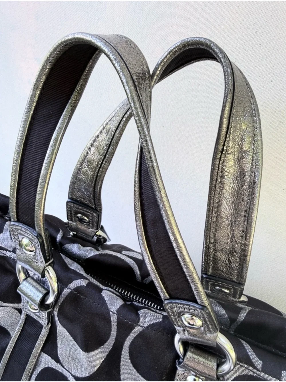 Coach Poppy Metallic Signature Satchel — Glitter Tag + Silver Hangtag + Dust Bag